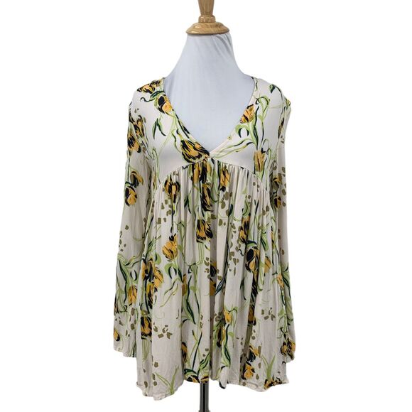Free People Bella Tunic Top Womens XS Extra Small Cream Floral V Neck Blouse - Picture 1 of 15